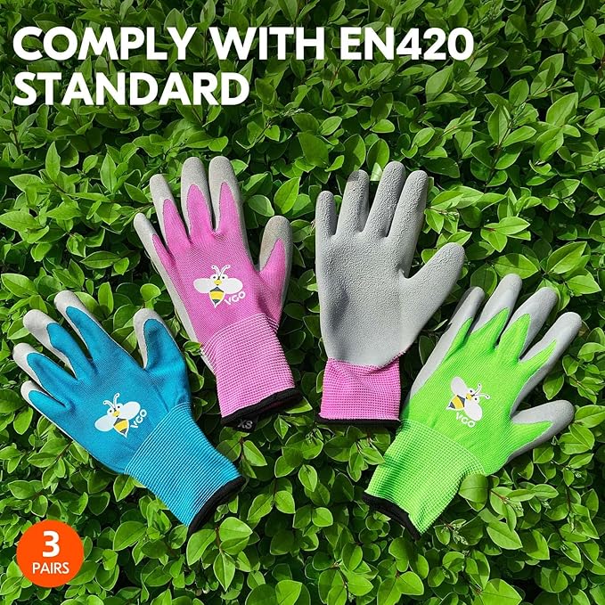 Vgo 3-Pairs Age 5-7 Kids Gardening Gloves, Children Yard Work Gloves, Soft Safety Rubber Gloves (XXS, KID-RB6013)