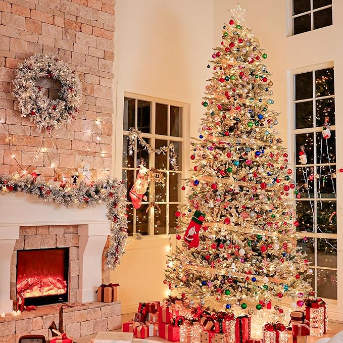 Hykolity 7.5 ft Prelit Snow Flocked Christmas Tree, 2933 PE&PVC Realistic Branch Tips, Artificial Twinkling Christmas Tree with 450 Warm White LED Lights, Metal Stand and Hinged Branches