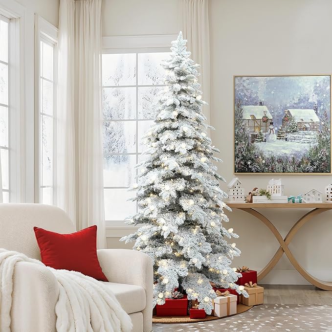 LuxenHome 7FT Flocked Christmas Tree with Lights, Downswept Slim Prelit Christmas Tree with 400 Adjustable LED Globe Lights, 1196 PE+PVC Tips, Lighted Xmas Trees for Holiday Decoration