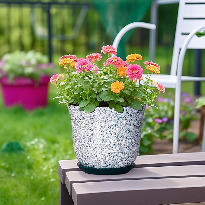 Ceramic Pots for Plants - 8 Inch Plant Pot for Indoor Outdoor, Round Flower Pot with Drainage Hole and Saucer, Decorative Planters, Modern Planter, Patio Decor, House Warming Gift, Green