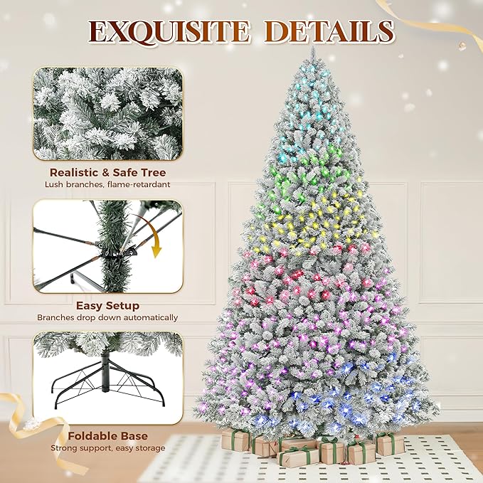 HOLLO STAR 12 ft Flocked Prelit Christmas Tree with 1097 LED Lights, App Control, Artificial Christmas Tree, Multi-Color RGBW Lights, 4000 Branch Tips, Snow Xmas Tree, for Home, Party
