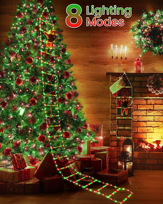 Toodour LED Christmas Lights - 10ft Christmas Decorative Ladder Lights with Santa Claus, Xmas Decorations Light for Indoor Outdoor, Window, Garden, Home, Wall, Xmas Tree Decor - Red & Green
