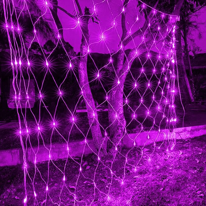 Dazzle Bright Halloween 200 LED Net Lights, 9.8 FT x 6.6 FT Connectable Mesh Lights Clear Wire with 8 Lighting Modes, Halloween Decorations for Indoor Outdoor Bush Yard Garden Decor (Purple)