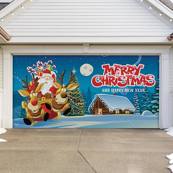 7' x 16' Santa’s Merry Takeoff Christmas Garage Door Banner - Designed to Move with Door | Magical Festive Double Garage Door Decoration