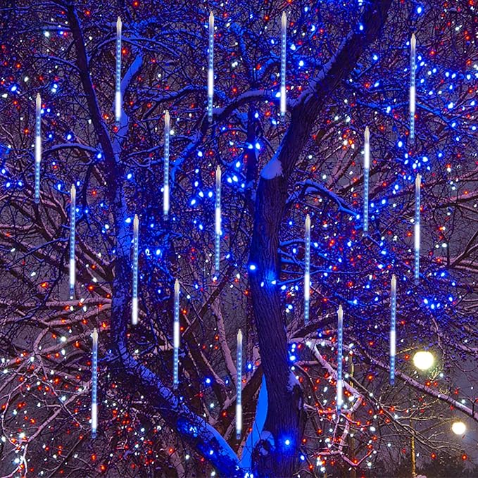 24 Tubes Meteor Shower Lights, Outdoor Icicles Christmas Decor, 12 Inch 864 LED Snow Falling Connectable Raindrop Lights, Xmas Wedding Party Tree Holiday Decoration, Blue