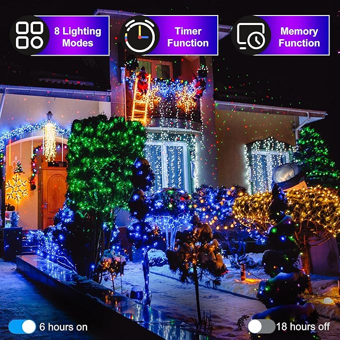 300LED Christmas Lights Indoor Outdoor Use Green Wire, 8 Lighting Modes 100FT Christmas Tree Lights with Timer & Memory, IP44 Waterproof for Tree Xmas Patio Yard Fence Balcony Garden Decor Blue