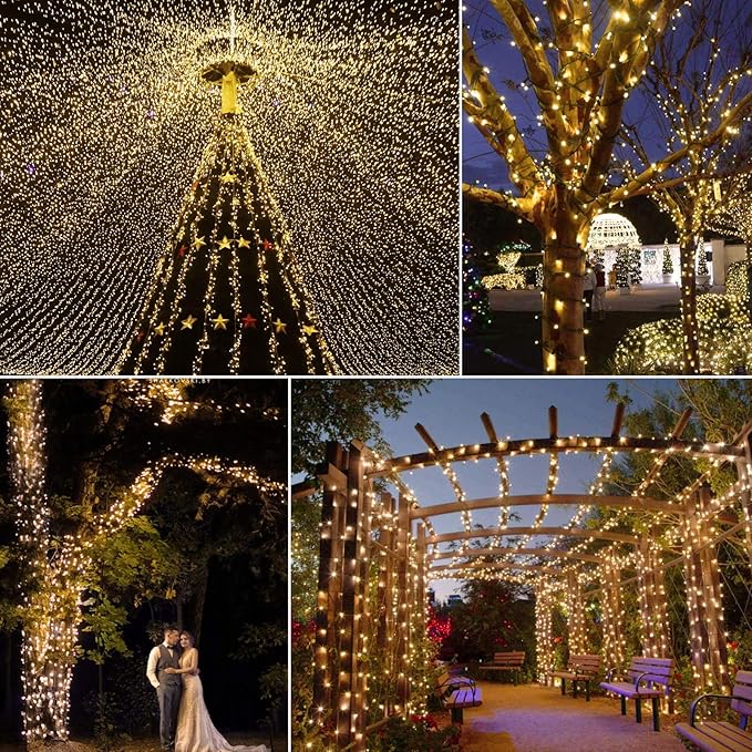 Christmas Tree Lights Outdoor, 205Ft 600 LED Twinkle Fairy Lights String Lights with 8 Light Modes for Christmas LED Garland Wreath Wedding Indoor Holiday Decorations with Dark Green Wire, Warm White