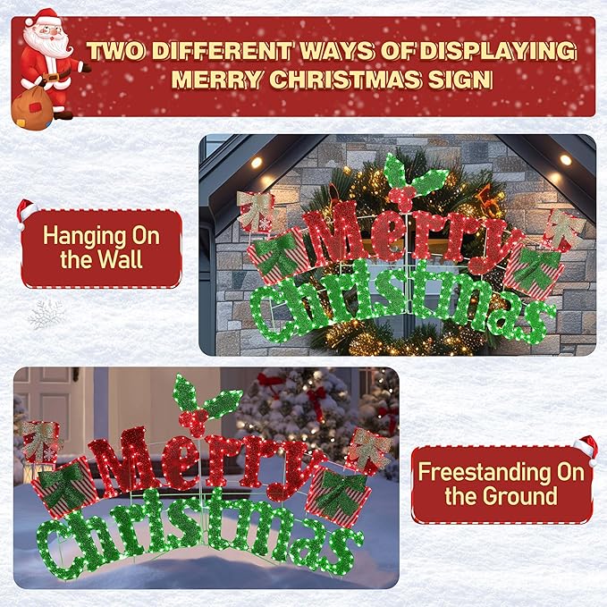 BlueWish 6FT Merry Christmas Sign, Pre-Lit Christmas Sign with 456 LED Lights, 2-in-1 Hanging or Freestanding Holiday Greeting Light for Indoor and Outdoor