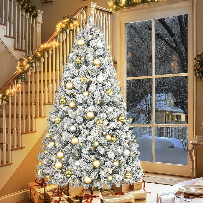 HOLLO STAR 6 ft Flocked Prelit Christmas Tree with 350 LED Lights, App Control, Artificial Christmas Tree, Multi-Color RGBW Lights, 947 Branch Tips, Snow Xmas Tree, for Home, Party