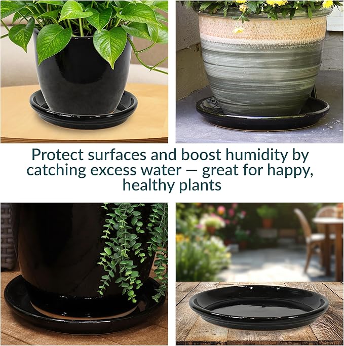 Sunnydaze 12-Inch Ceramic Plant Saucers - Plant Drip Trays for Outdoor Planter Flower Pot Drainage - Set of 2 - Obsidian
