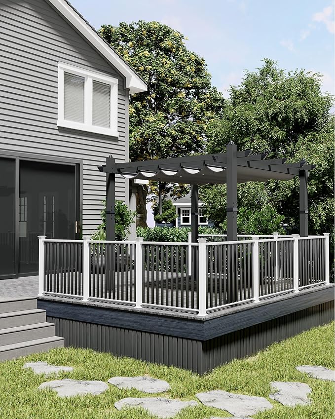 Garvee 10x10 Ft Outdoor Pergola Metal Gazebo with Retractable Canopy for Patio Backyard Deck Porch Grape Trellis(Gray)