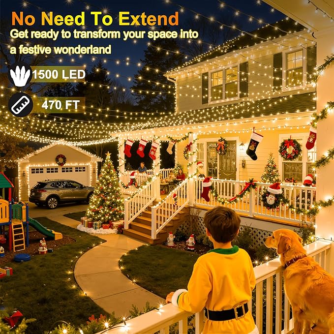 470FT 1500 LED Christmas Lights, 12 Modes Warm White Outdoor String Lights with Timer & Dimmable, Waterproof Green Wire Christmas Lights for Outside Wedding Tree Xmas Patio Fence Party Decorations