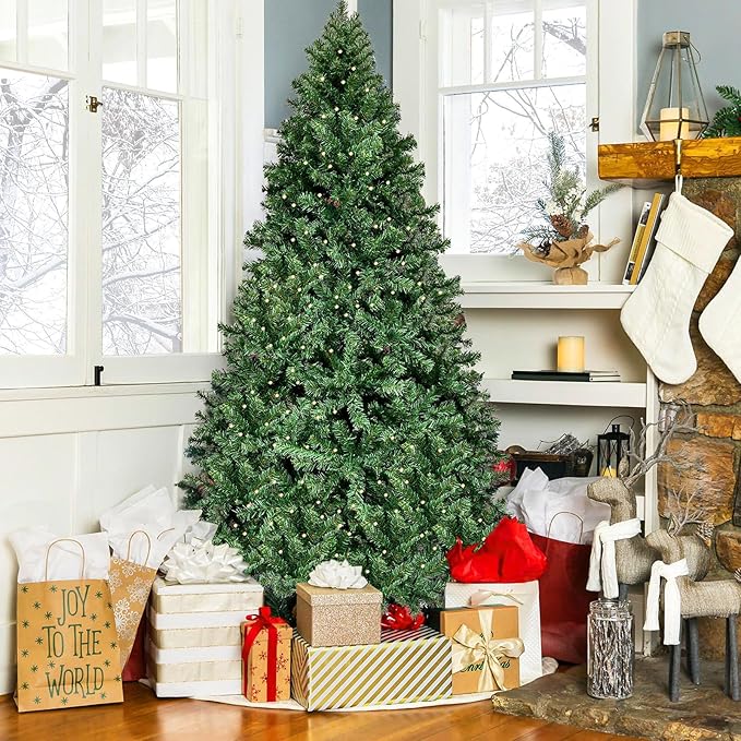 ERGOMASTER 7.5FT Pre-lit Artificial Christmas Tree with Lights, Fake Green Xmas Tree with 1346 Hinged Branch Tips, 400 LED Warm White Incandescent Lights & Foldable Metal Stand for Holiday Home Party