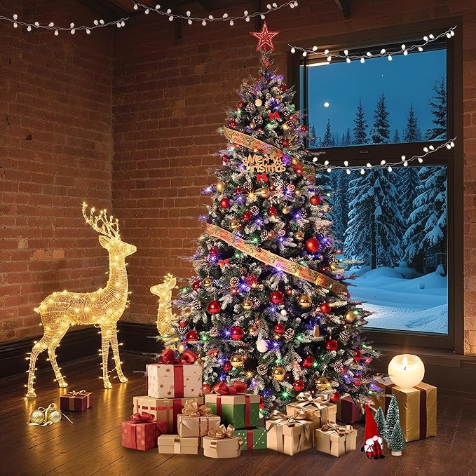 6 FT Snow Flocked Christmas Tree with 300 Warm Lights-8 Modes, Prelit Christmas Trees with Pine Cone & Gloves, Metal Folding Stand, Full Artificial Xmars Tree for Home Decor, Norway Spruce, Green