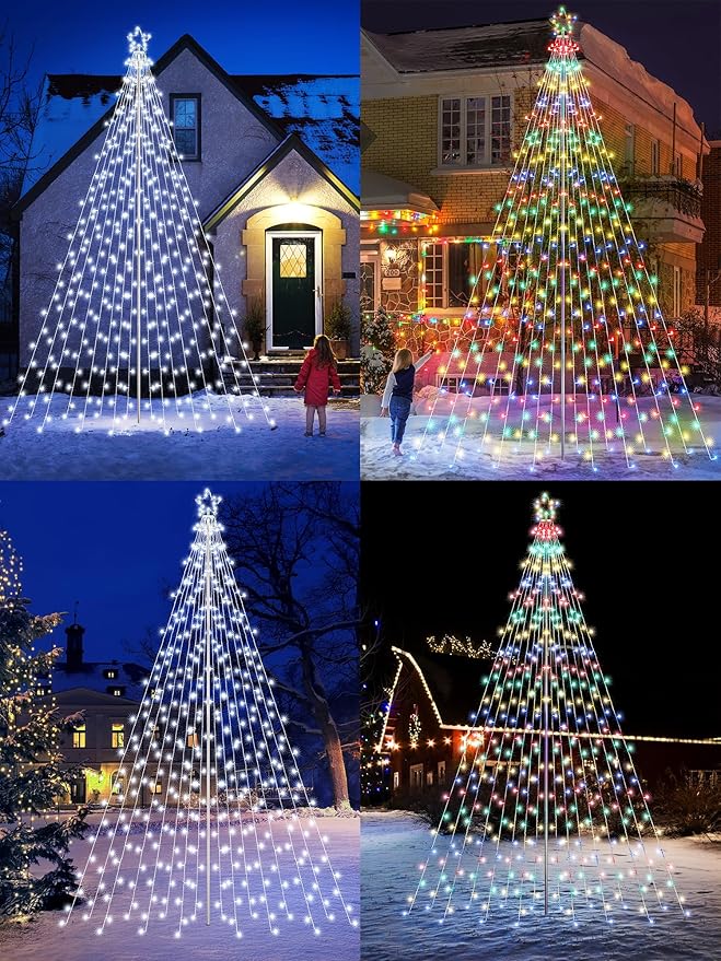 Lomotech Color Changing Christmas Tree Lights - 16Ft 664 LED with 10.5" Topper, Remote Controll Waterproof Iron Pole Waterfall Lights for Outdoor Christmas Decorations (White to Multicolor)