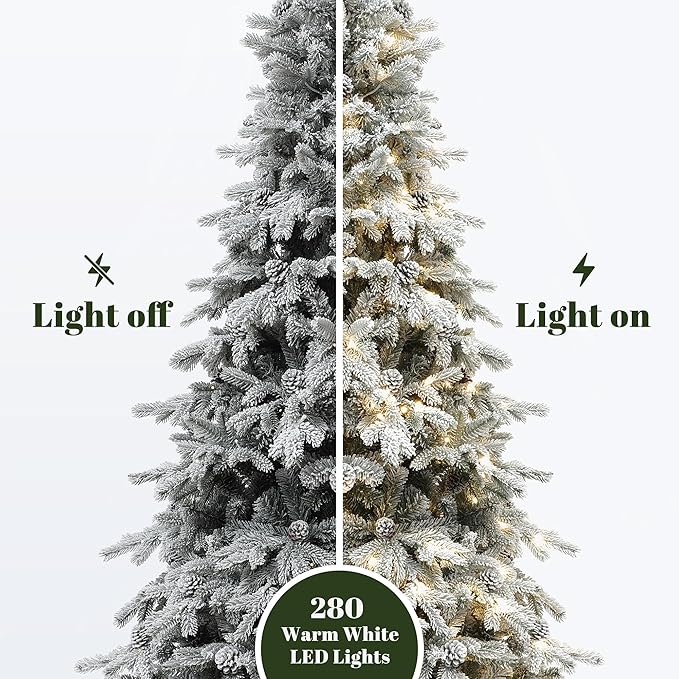 LuxenHome 6FT Christmas Tree with Lights, Full Flocked Artificial Christmas Tree with Pine Cone, 280 LED Lights, and Snow Flocked Branches, Prelit Pine Tree for Indoor, Outdoor Holiday Décor