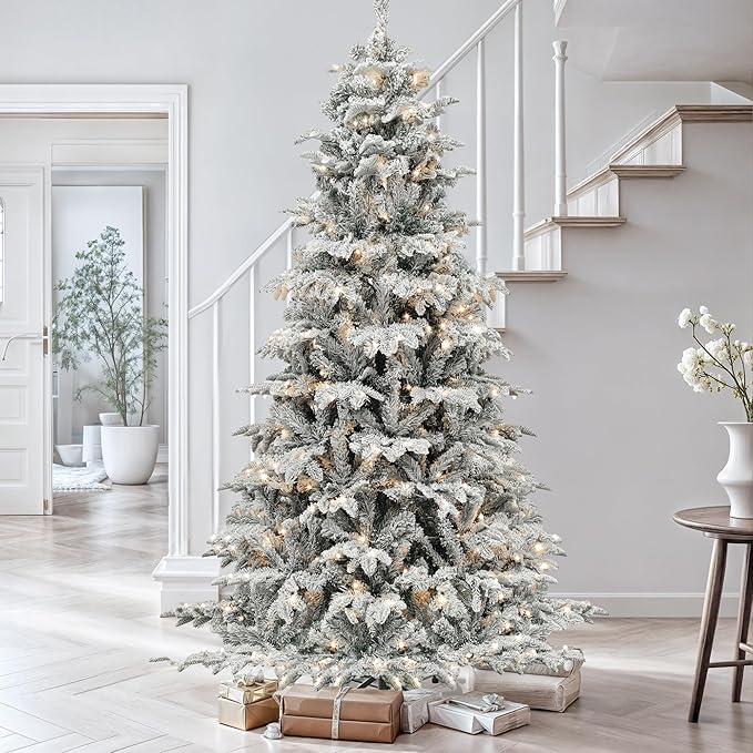 DWVO 6.5 FT Pre-Lit Snow Flocked Christmas Tree, Layered Artificial Xmas Tree with 760 PE & PVC Branch Tips and 350 Multi-Mode Lights for Home, Office, and Party Decor with Remote Control