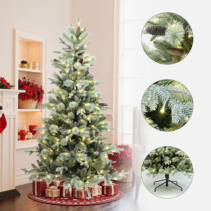LuxenHome 6.5FT Prelit Christmas Tree with Lights, Green Flocked Artificial Christmas Tree with Pine Cone, 270 LED Lights, 952 PE+PVC Branch Tips, Prelit Pine Tree Indoor, Outdoor Holiday Décor