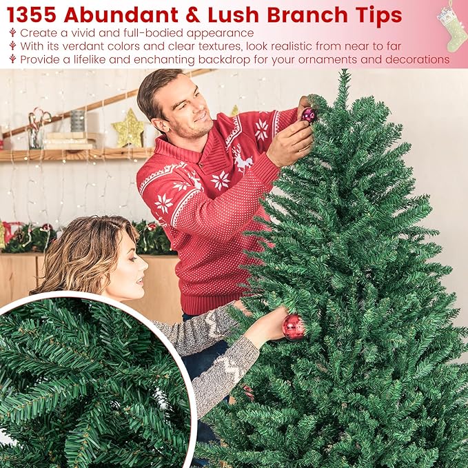 Goplus 6ft Artificial Douglas Christmas Tree, Unlit Hinged Xmas Full Tree with 1355 Branch Tips, Foldable Metal Base, Easy Assembly, Indoor Holiday Party Office Home Store Decor