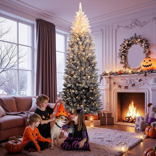 GarveeHome 7.5Ft Prelit Black Christmas Tree with Lights Halloween Tree Slim Artificial Halloween Christmas Tree Artificial Pencil Tree Automatic Branches for Home, Office, Party Decoration