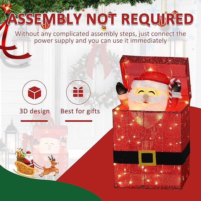 Light Up Electric Santa Claus Decor with 100 LED Lights, 3D Pre-Lit Animated Santa Claus for Xmas Decoration, 14" L x 10" W x 27" H Freestanding Glittered Display for Outdoor, Indoor
