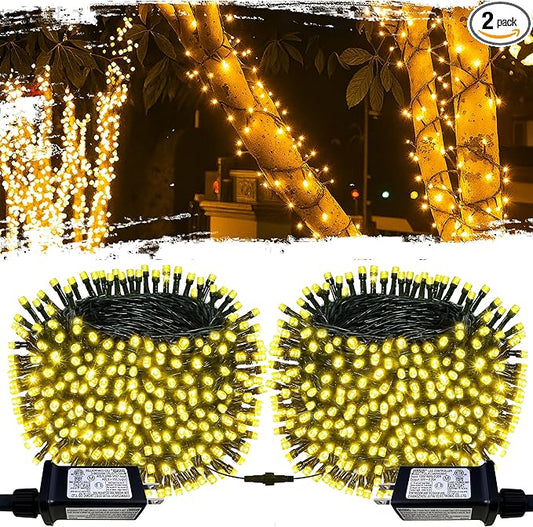 [2 Pack] Christmas Lights Outdoor, 210FT 600LED Connectable String Lights Waterproof, Twinkle Lights with 8 Modes, Christmas String Lights Indoor Green Wire for Yard Party Christmas Decorations