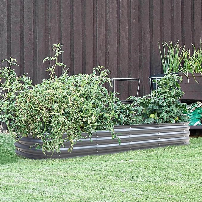 MUPATER 8x2x1 ft Raised Garden Bed Outdoor for Vegetables, 9-in-1 Galvanized Metal Planter Box, 11.1" H Modular Garden Bed Kit Oval for Herbs and Flowers, Grey