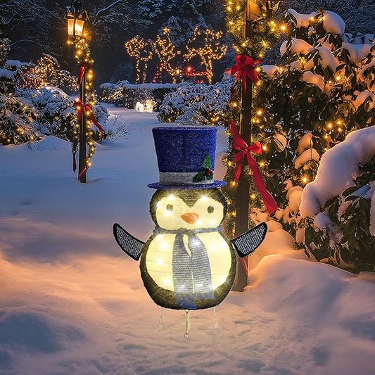 GENIMO Penguin Outdoor Christmas Decorations, 30 Lights Pop-up Lighted Warm White Light Pre-Lit Penguin with Hat for Holiday Decor Outside Indoor Home Lawn Yard Garden Patio Stakes(24 in)