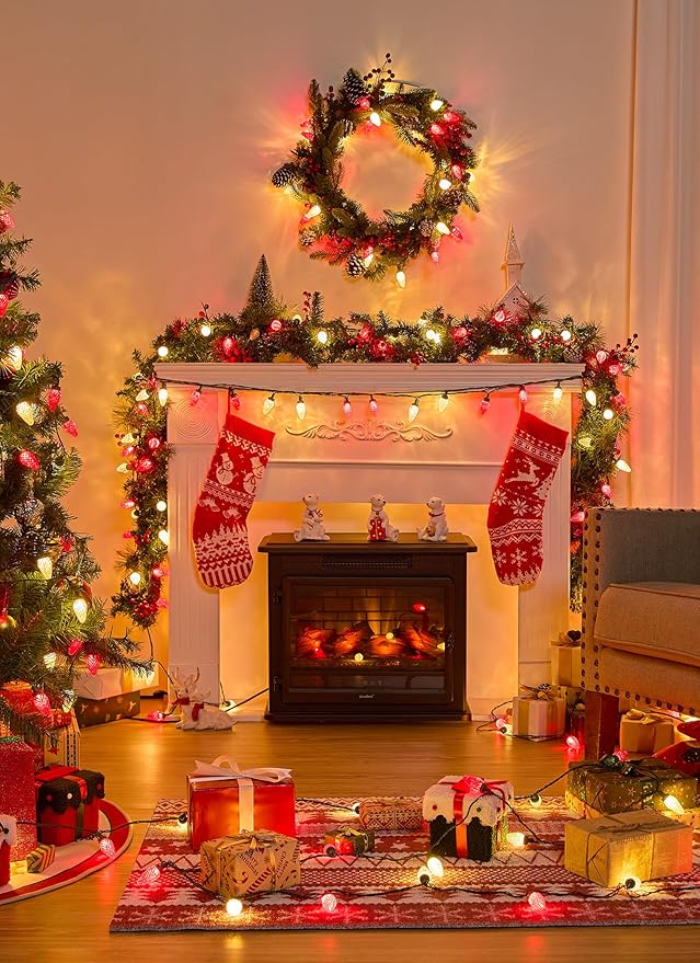 Brightown C9 Christmas Lights Outdoor, 114FT 150 LED Red and Warm White String Lights with Timer, 8 Modes, UL Listed Waterproof Connectable Christmas Tree Lights for House, Roof, Garden, Patio Decor