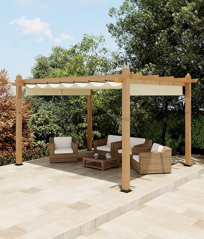 Garvee 10x13 Ft Outdoor Pergola Faux Wood Grain Aluminum Gazebo with Retractable Canopy for Patio Modern Backyard Deck Porch Grape Trellis(Beige)