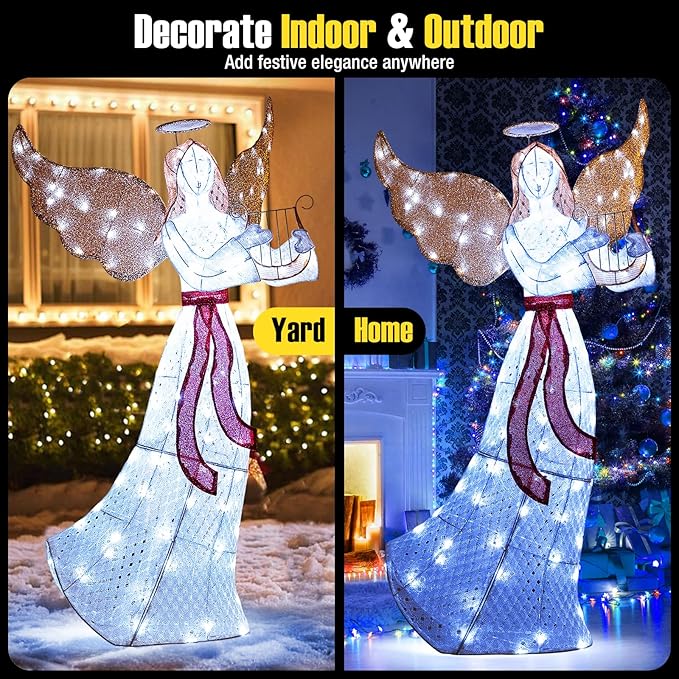Tangkula 5 FT Outdoor Christmas Lighted Angel, Xmas Yard Pre-Lit Angel with Harp, Halo & 120 Cold White LED Lights, Ground Stakes & Zip Ties Included, Winged Holiday Figure for Indoor & Outdoor