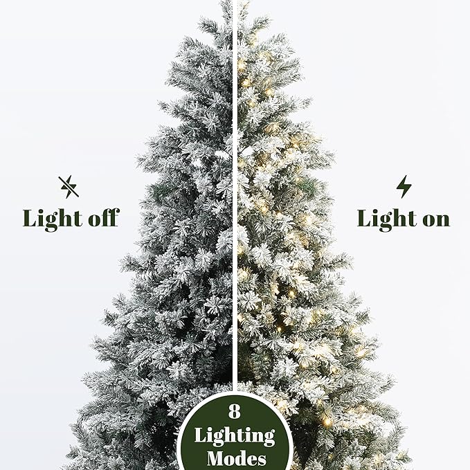 LuxenHome 6.5FT Christmas Tree with Lights, Flocked Artificial Christmas Tree with 8 Lighting Functions, 1100 PVC Tips, 480 Warm White Lights, Prelit Xmas Trees for Indoor and Outdoor Holiday Decor