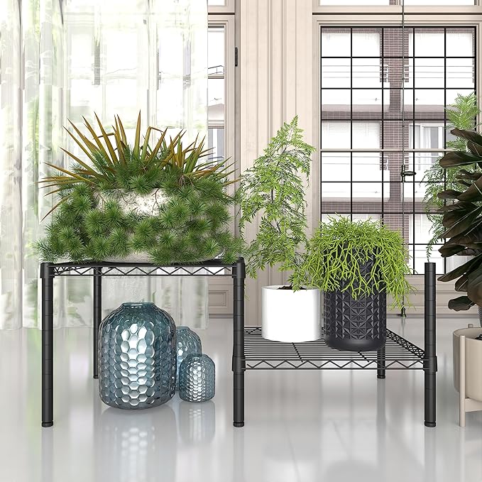 Xiofio 2 Pack Metal Plant Stand for Indoor and Outdoor Plant Shelf, Multi-Functional Adjustable Shelf Plant Stands Flower Stands With hanger rod for Living Room Balcony and Garden,Black