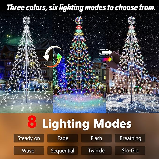 Lomotech Color Changing Christmas Tree Lights - 10Ft 444 LED with 7.8" Ball, Remote Controll Waterproof Iron Pole Waterfall Lights for Outdoor Christmas Decorations (White to Multicolor)