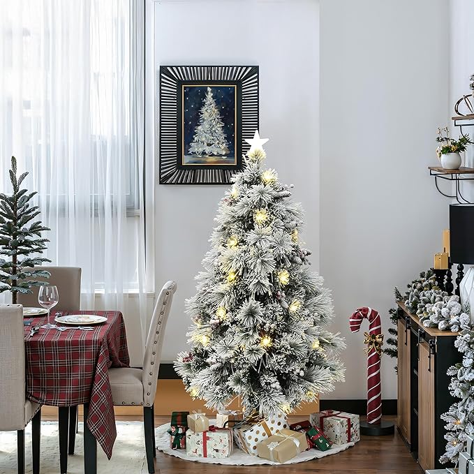LuxenHome 5FT Flocked Christmas Tree, Christmas Tree with Lights, Pine Cones and Red Berries, White Artificial Trees with 75 LED Lights, 193 PVC and Bristle Tips for Living Room, Entryway Decor