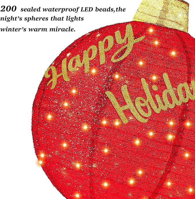 2Pcs 3FT Lighted Christmas Ornament Set - Expandable Outdoor, Indoor Holiday Decor with 200 LED Lights, Easy Assembly & Weatherproof, Red & Green Light-Up Ball for Yard, Garden, Storefront.