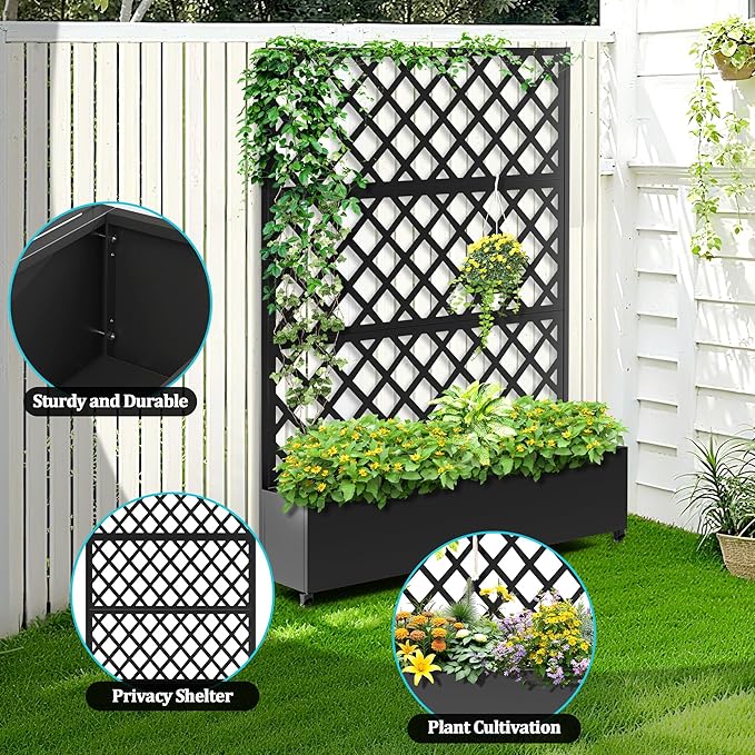 Metal Planter Box with Trellis, Planter Box with Privacy Screen, Privacy Trellis Outdoor for Climbing Plants with Drainage Holes, Raised Garden Bed with Wheels