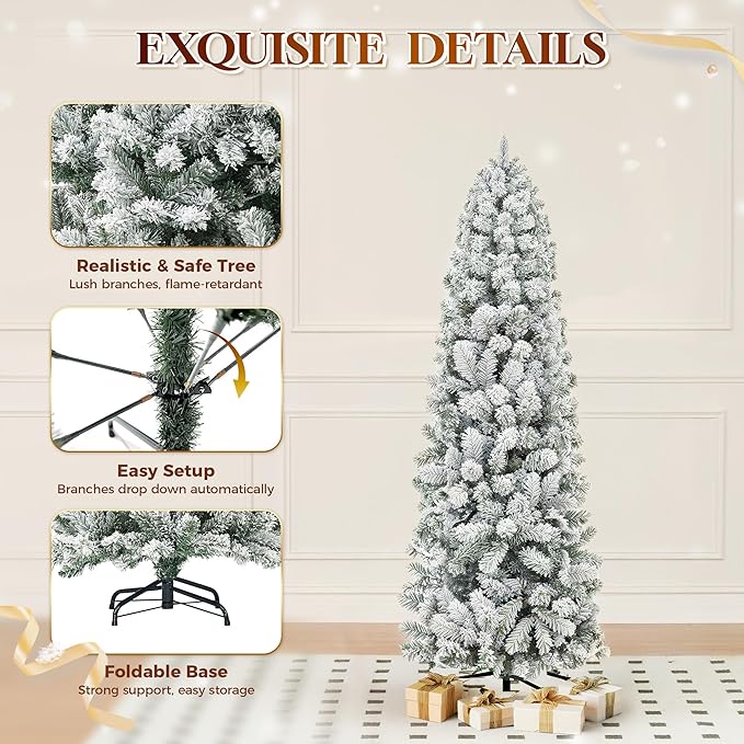 HOLLO STAR 6 ft Flocked Prelit Christmas Tree with 250 LED Lights, App Control, Skinny Artificial Pencil Christmas Tree, Multi-Color RGBW Lights, 770 Branch Tips, for Small Space, Home, Party