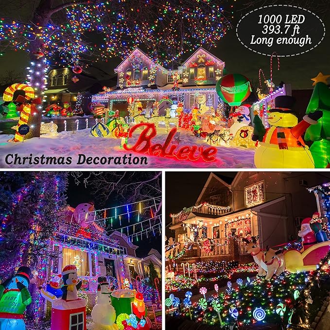 KNONEW 403FT 1000 LED Christmas Lights Outdoor String Lights 8 Modes & Timer Fairy Light Plug in Waterproof LED String Lights for Xmas Yard Tree Wedding Party Holiday Decorations (Multicolor)