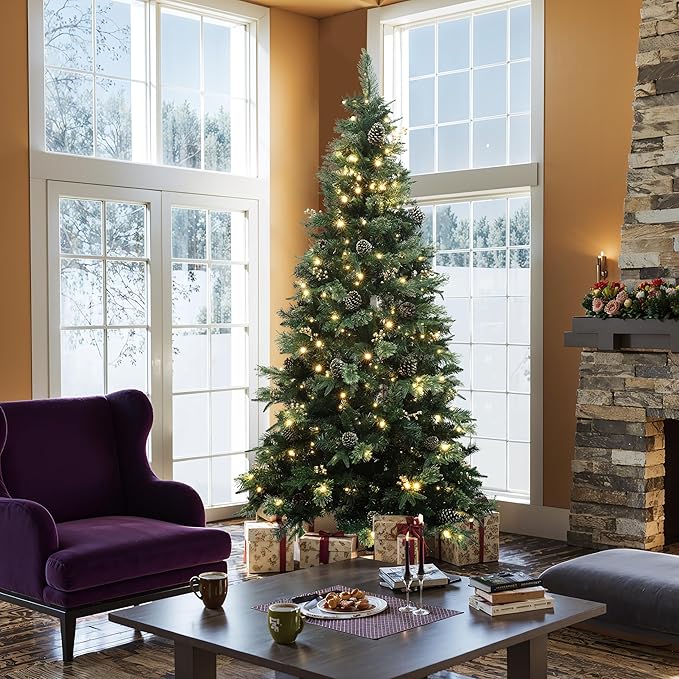 LuxenHome 6.5FT Prelit Christmas Tree with Lights, Slim Artificial Christmas Tree with 300 LED Lights and Pine Cone, 978 PE+PVC Branch Tips, Plug-in Prelit Pine Tree Indoor, Outdoor Holiday Décor
