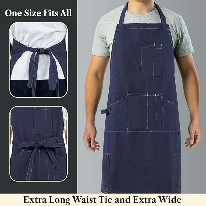 opux Chef Apron for Men, Kitchen Apron with Pockets for Women, Large Unisex Canvas Apron for Cooking Grilling BBQ Baking.