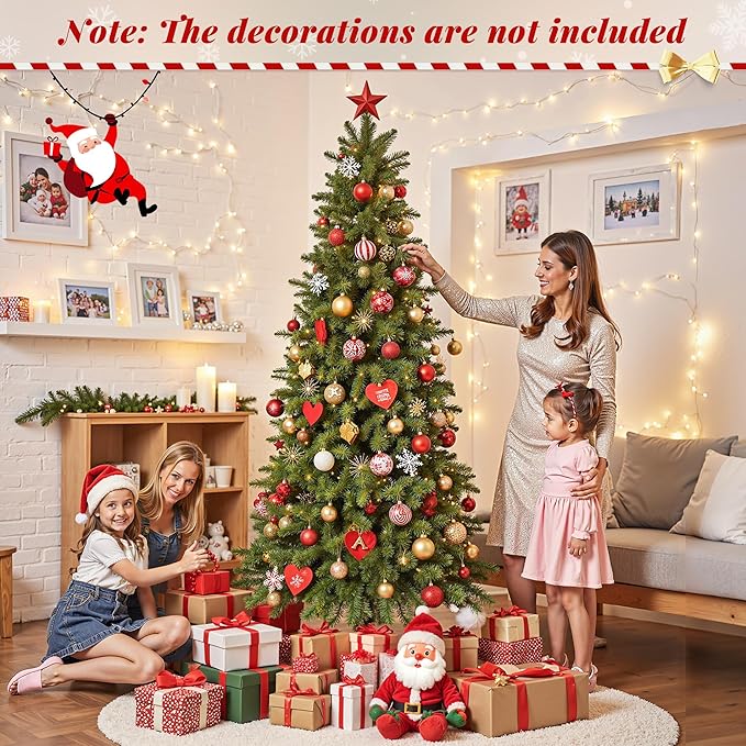 Pencil Christmas Tree with Rotating Metal Stand, Green Slim Pre-Lit Artificial Tree 7.5FT with Music Function, 370 Warm & Multi-Color LED Lights with 8 Lighting Modes