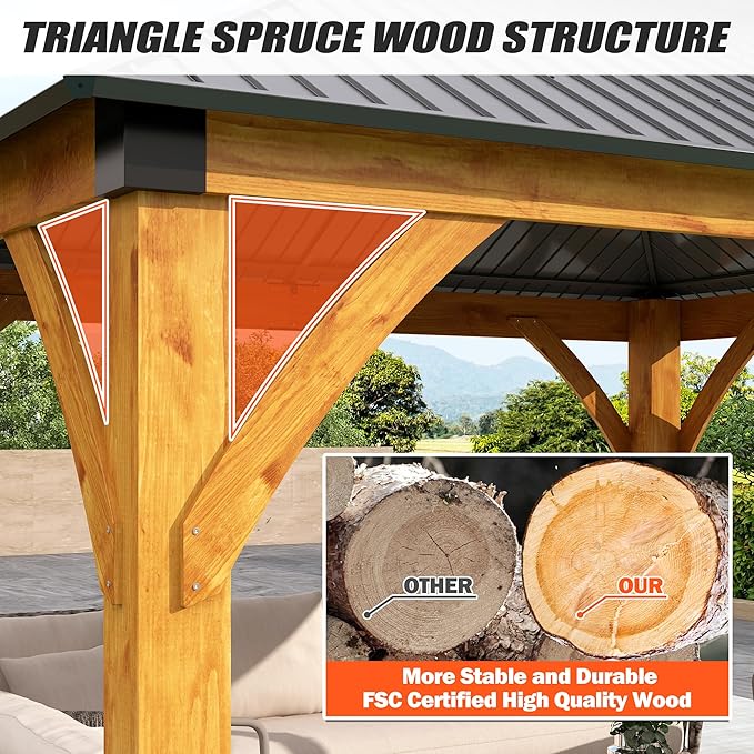 11'x13' Wood Gazebo, Spruce Wood Hardtop Gazebo with 2 Storage Shelves, Double Galvanized Steel Roof Outdoor Wooden Pavilion for Deck, Garden, Backyard