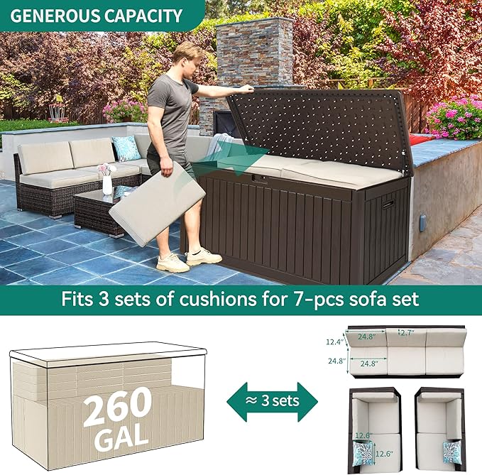 YITAHOME 260 Gallon Extra Large Deck Box, Double-Wall Resin Outdoor Storage Box with Flexible Divider for Patio Cushions Pool Supplies Garden Tools, 1000lbs Load Capacity, Lockable&Waterproof (Brown)