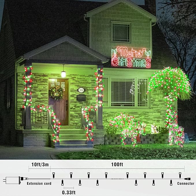 100FT 300 LED Christmas Lights Outdoor, Plug in Christmas String Lights Indoor, Waterproof & 8 Modes & Timer Function, Connectable Fairy Twinkle Light for Bedroom Patio Wedding Party Decor, Red Green