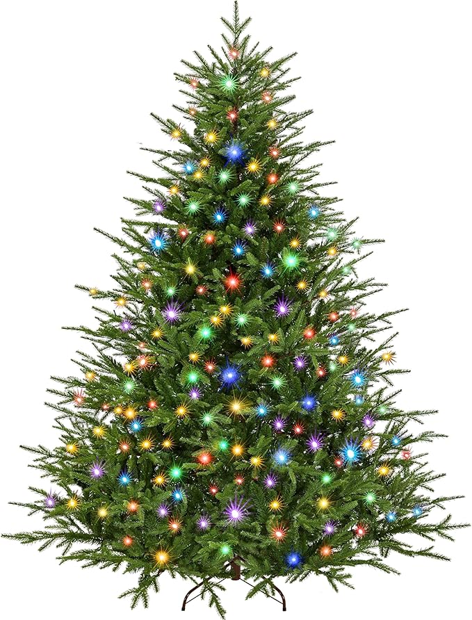 Yaheetech 7.5ft Full Christmas Tree with 1000 Multicolored LED Lights & 1821 Unique Forked Tips,Hinged Tree for Garden,Office,Pre-lit Artificial Christmas Tree with Foldable Metal Stand,Green
