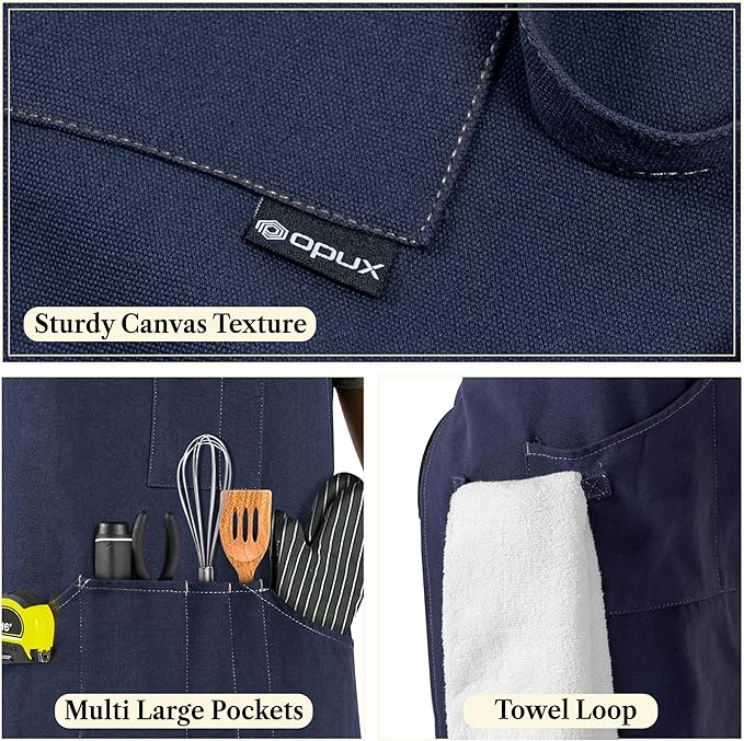 opux Chef Apron for Men, Kitchen Apron with Pockets for Women, Large Unisex Canvas Apron for Cooking Grilling BBQ Baking.