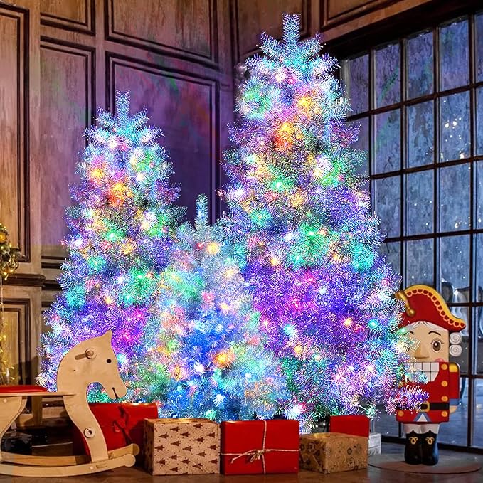 7.4FT 6FT 4FT Silver Pre-Lit Artificial Christmas Tree Set of 3, Hinged Full Xmas Trees with 2400 Branch Tips & 850 Multi-Color LED Lights, 11 Lighting Modes, Metal Stands, Holiday Decorations