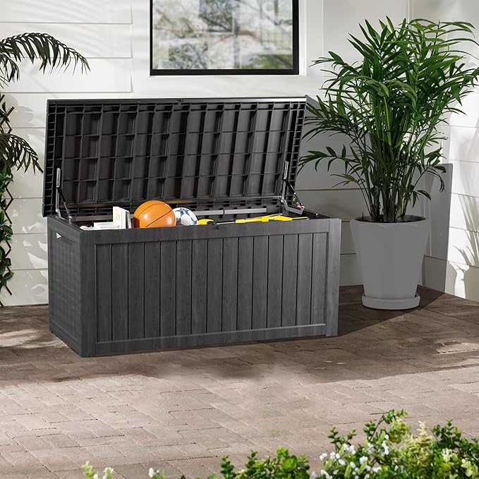 270 Gallon Waterproof Large Resin Deck Box Indoor/Outdoor Lockable Storage Container and Seating for Garden, Pool, and Patio (270 Gallon, Black)