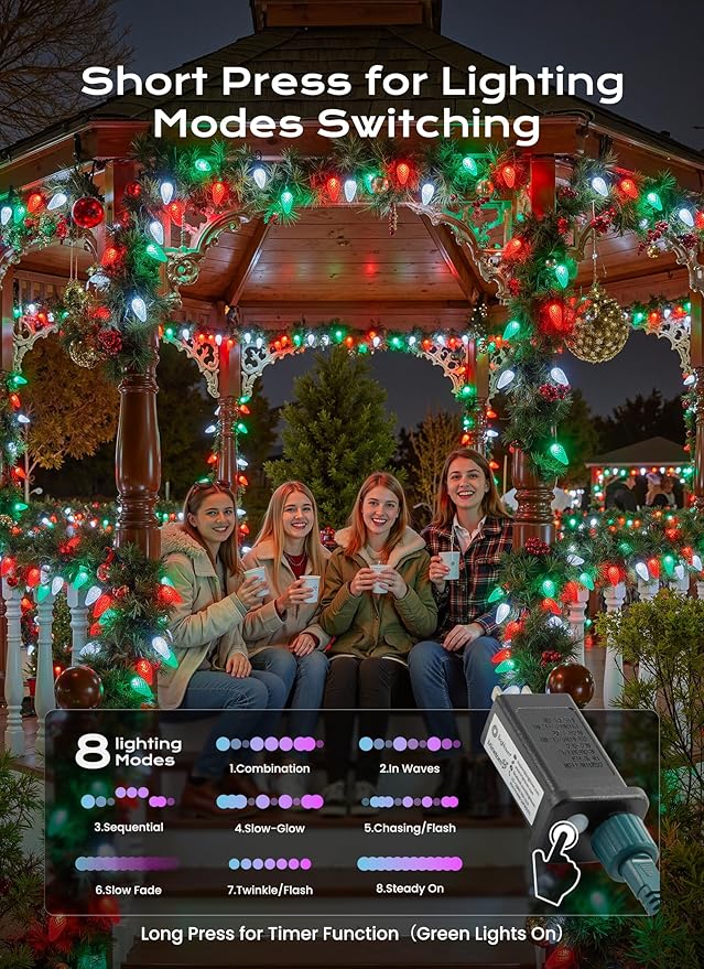 Minetom C9 Christmas Lights Outdoor, 100 FT 150 LED Connectable C9 String Lights with 8 Modes and Timer Xmas Tree Patio Garden Yard Holiday Party Indoor Outdoor Decoration, Red, Green and White